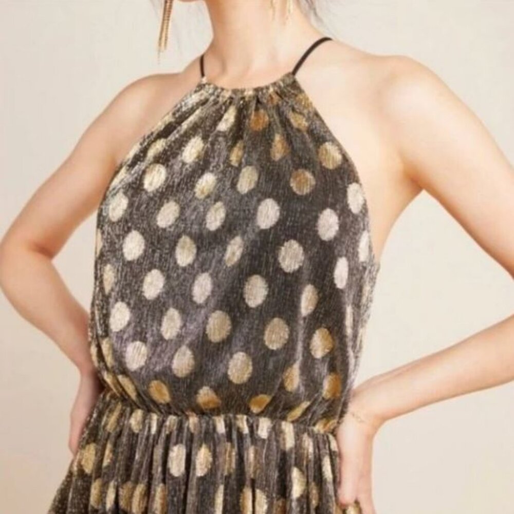 Anthropologie | Sunday in Brooklyn Black & Gold Polka-Dot Shimmer Midi Dress | S - Picture 2 of 10